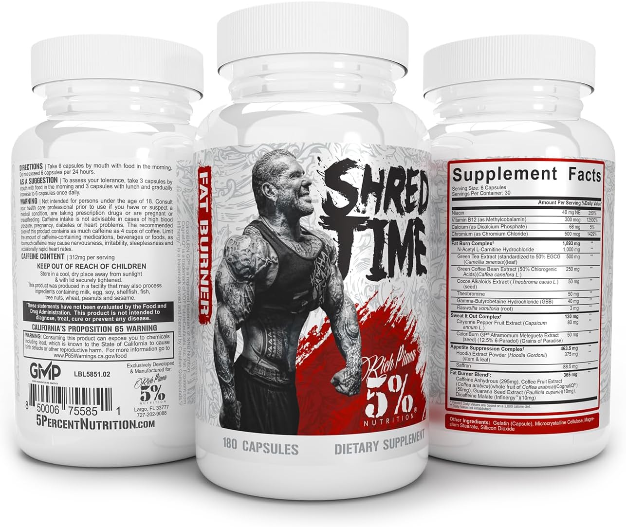 5% Nutrition Shred Time Fat Burner | Green Tea, Coffee Bean, Cayenne, Theobromine, GBB | Appetite Suppression | 30 Servings (180 Capsules) Nirvana Guru