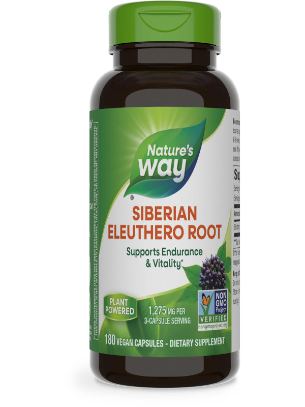Nature's Way Premium Herbal Siberian Eleuthero Root Supplement, Supports Endurance & Vitality*, Adaptogen*, 1,275mg per 3-Capsule Serving, Non-GMO Project Verified, 180 Capsules (Packaging May Vary)