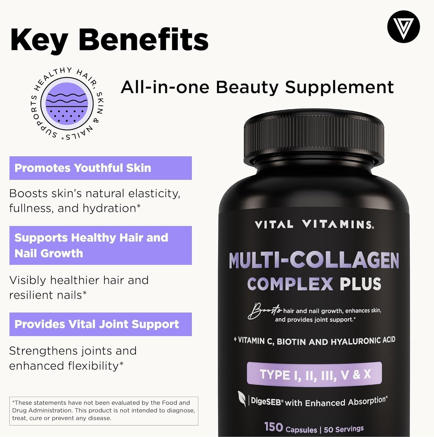 Vital Vitamins Multi Collagen for Women & Men - Type I, II, III, V, X - Grass Fed, Non-GMO - 150 Capsules