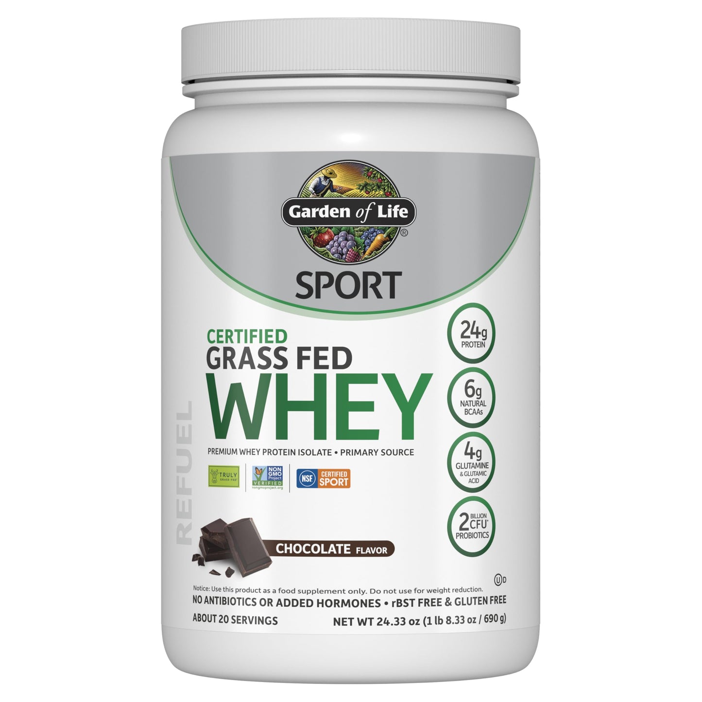 Garden of Life Sport Whey Protein Powder Chocolate, Premium Grass Fed Whey Protein Isolate Plus Probiotics for Immune System Health, 24g Protein, Non GMO, Gluten Free, Cold Processed - 20 Servings - Nirvana Guru