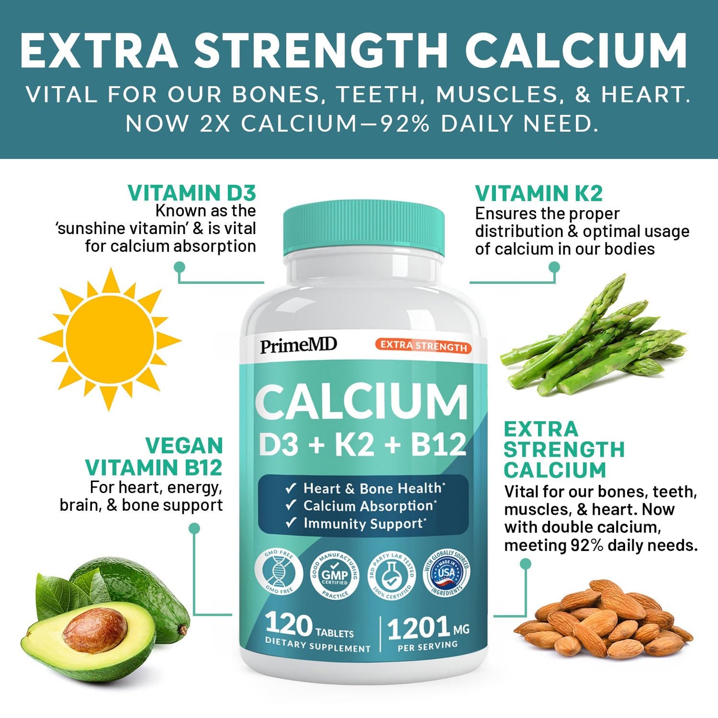 4-in-1 Calcium 1200mg with Vitamin D3 - Calcium Supplement for Women and Men with Vitamin K2 B12 5000 IU - Extra Strength Calcium Citrate for Bone and Heart Support (120ct) Nirvana Guru