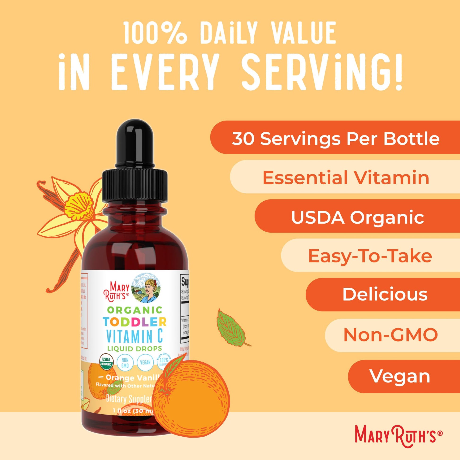 MaryRuth Organics Toddler Vitamin C Drops | USDA Organic Vitamin C Liquid Drops for Toddler | Ages 1-3 Years | Vitamin for Immune Support & Overall Health | Vegan | Non-GMO | Gluten Free | 30 Servings - Nirvana Guru