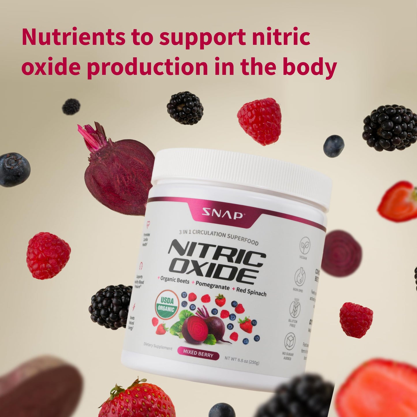 Snap Supplements Organic Beet Root Powder, Nitric Oxide Supplements for Men & Women, Beets, Pomegranate, B Vitamins & Red Spinach, Energy, Heart Health & Circulation Support, 30 Servings, Mixed Berry Nirvana Guru