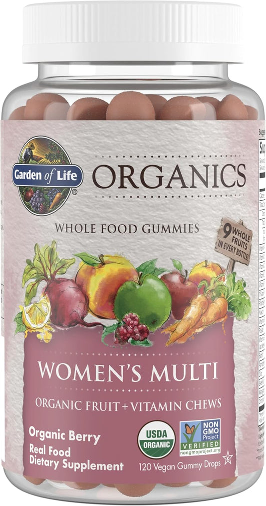 Garden of Life Organics Women's Gummy Vitamins - Berry - Certified Organic, Non-GMO, Vegan, Kosher Complete Multi - Methyl B12, C & D3 - Gluten, Soy & Dairy Free, 120 Real Fruit Gummies - Nirvana Guru