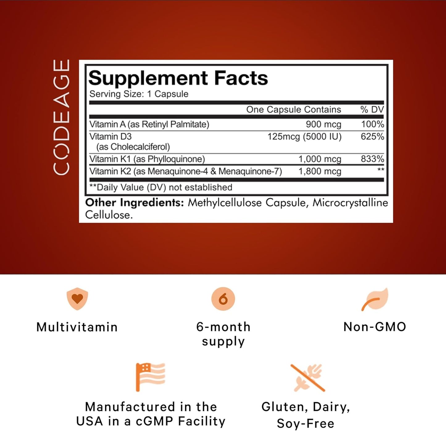 Codeage ADK Vitamins Supplement - Essential Vitamin A, D3 5000 IU, K1 & K2 (MK4 & MK7) - 6-Month Supply - 1 Capsule per Serving, Non-GMO, Gluten-Free - 180 Capsules - Nirvana Guru