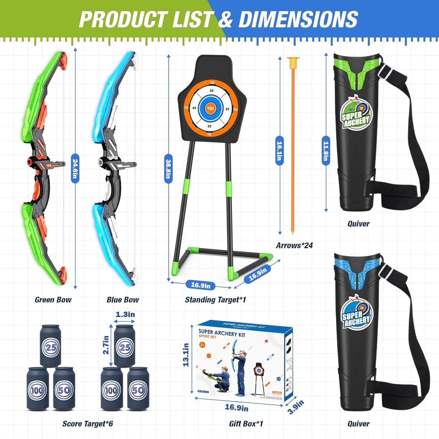 2 Pack Bow and Arrow for Kids, LED Light Up Archery Set with 24 Suction Cup Arrows, 1 Standing Target, 6 Score Targets & 2 Quiver, Indoor Outdoor Sport Gifts for Boys Girls Ages 4-8 Nirvana Guru