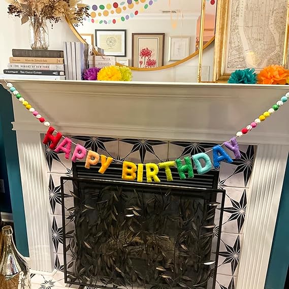 Pre-Strung Happy Birthday Banner - Felt Ball Garland - Reusable Happy Birthday Garland, Rainbow Party Decorations, Personalized Holiday Sign for Party Decor, Kids Room Decor, Photo Prop (Rainbow) nirvanaguru