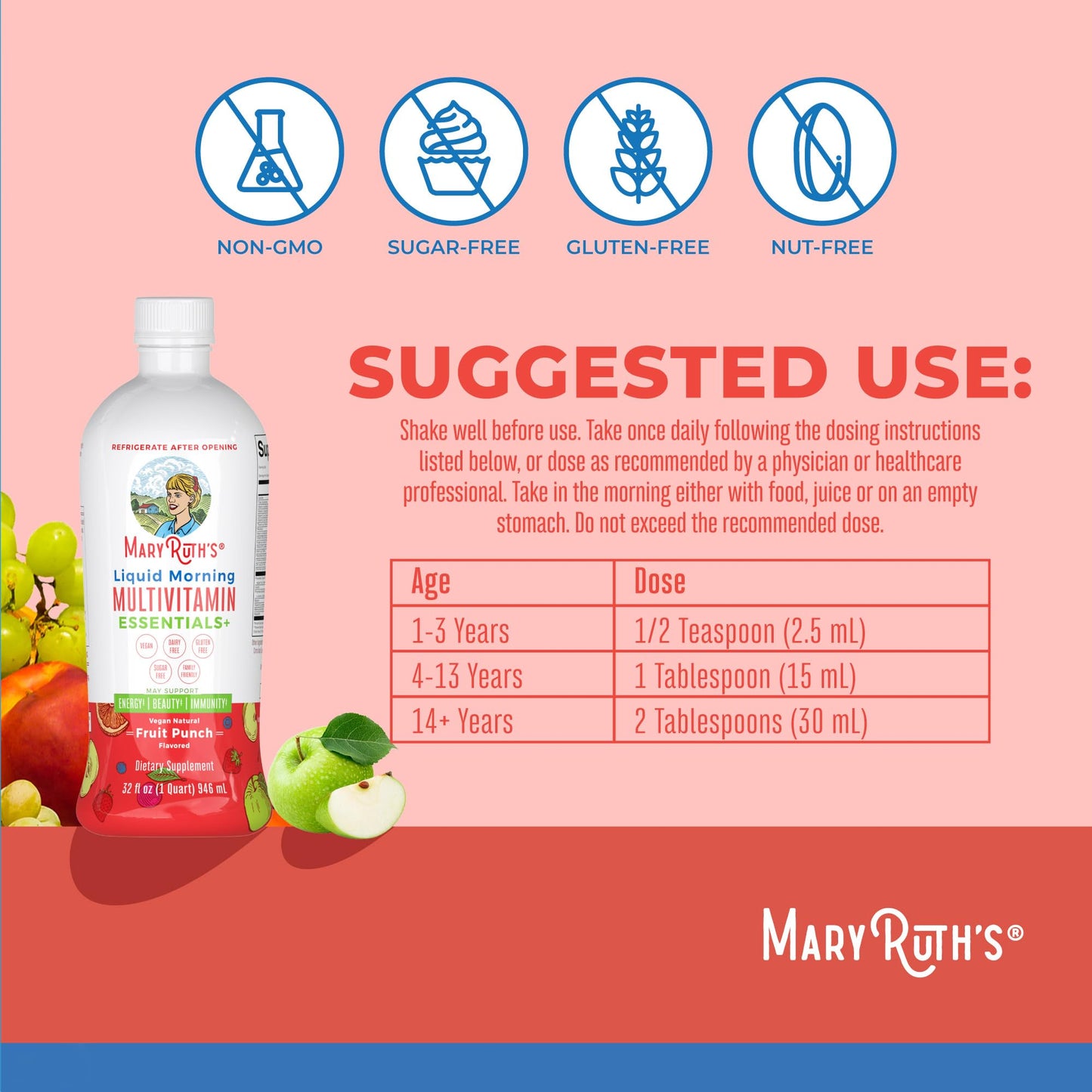 MaryRuth's Liquid Morning Multivitamin Essentials+ | Vitamin A C D E B6 B12 Biotin Zinc | Mens Womens Multivitamin | Immune Support | Beauty | Sugar Free | Vitamins for Ages 1+ | Vegan | 32 Fl Oz - Nirvana Guru