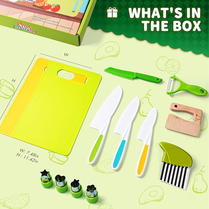 13 Pieces Montessori Kitchen Toys for Toddlers-Kids Cooking Sets Real-Toddler Toys Set for Real Cooking with Plastic Children Safe Knives Crinkle Cutter Kids Cutting Board nirvanaguru