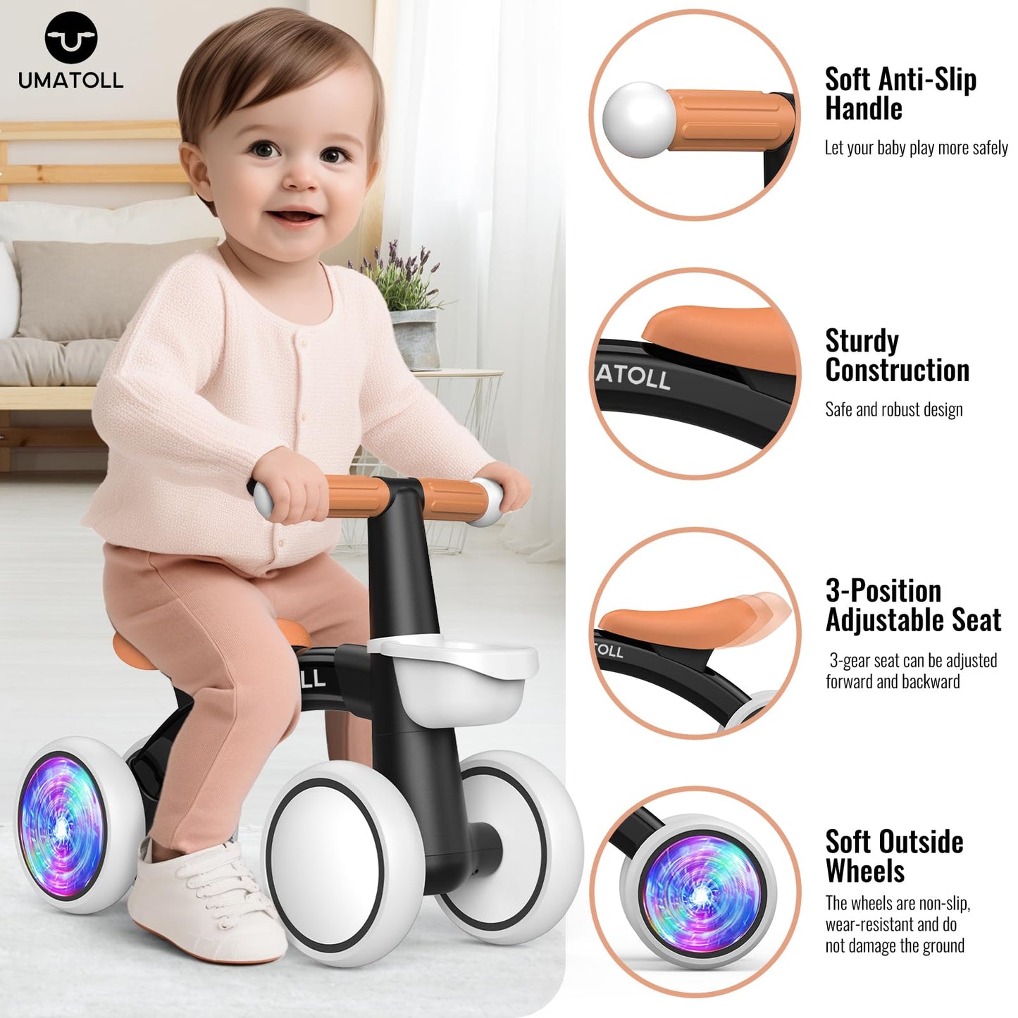 Umatoll Colorful Lighting Baby Balance Bike Toys for 1 Year Old Girls Gifts, Adjustable Seat, 1st Birthday Gifts, 12-24 Months Toddler Bike, Pink Nirvana Guru