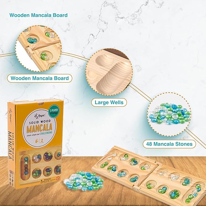 Regal Games Mancala Board Game - Fun Classic Table Game with Wooden Board for Adults & Kids - 48 Glass Mancala Beads & 2 Player Games - Ideal for Family Game Night, Travel (Ages 8+) nirvanaguru