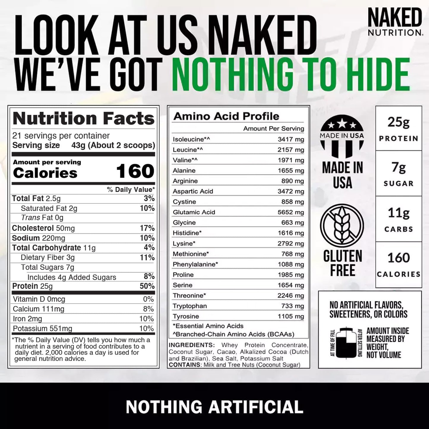 NAKED Whey Vanilla Protein Powder - Only 3 Ingredients - Grass Fed Whey Protein Powder, Vanilla Flavor, and Organic Coconut Sugar, No GMO, No Soy, and Gluten Free - 24 Servings