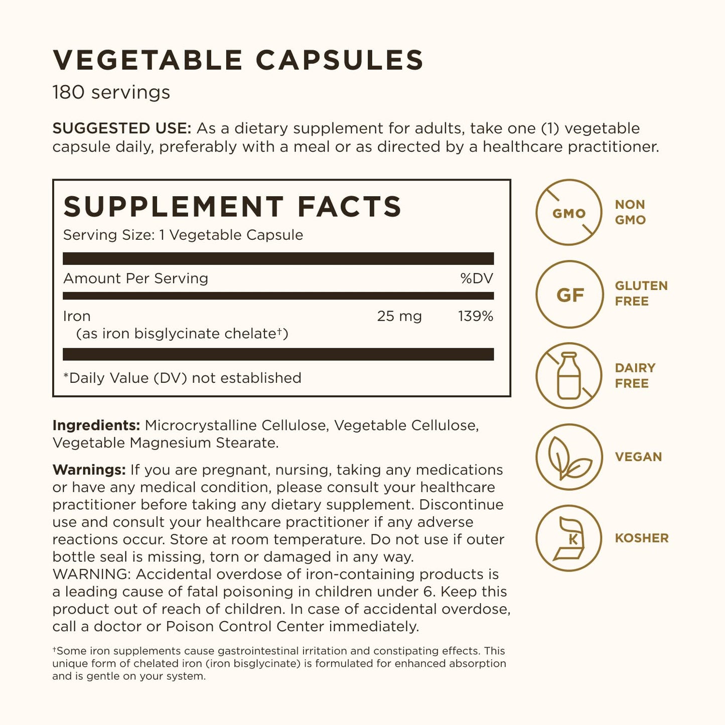 Solgar Gentle Iron, 180 Vegetable Capsules - Ideal for Sensitive Stomachs - Non-Constipating - Red Blood Cell Supplement - Non GMO, Vegan, Gluten-Free, Dairy Free, Kosher - 180 Servings Nirvana Guru
