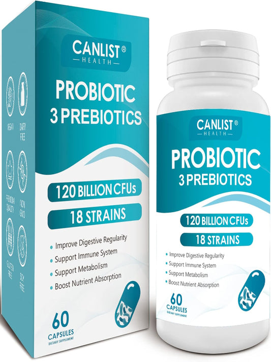 Probiotics 120 Billion CFUs 18 Strains, 3 Prebiotics & Digestive Enzymes for Men Women,Digestive & Immune Support,Shelf Stable Non-GMO 60 Capsules Nirvana Guru