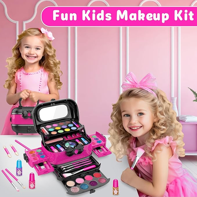 Hollyhi 58 Pcs Kids Makeup Kit for Girl, Princess Toys Real Washable Cosmetic Set with Mirror, Kids Makeup Sets for Girls, Play Make Up Birthday Gifts for 3 4 5 6 7 8 9 10 11 12 Years Old Kid (Rose) nirvanaguru