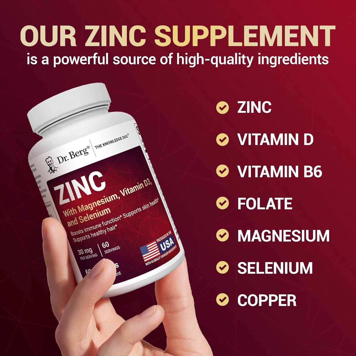 Dr. Berg Zinc 30mg Enhanced with Magnesium, Vitamin D3, Selenium, & Copper - Zinc Supplements for Men & Women - Chelated Zinc for Immune, Skin, Hair, & Nails Support* - 60 Capsules - Nirvana Guru