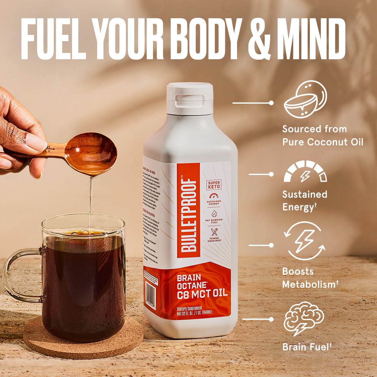 Bulletproof Coconut Brain Octane C8 MCT Oil, 16 Ounces, Premium Keto Supplement for Sustained Energy and Fewer Cravings, Brain and Body Fuel, Unflavored, Add to Coffee and Smoothies