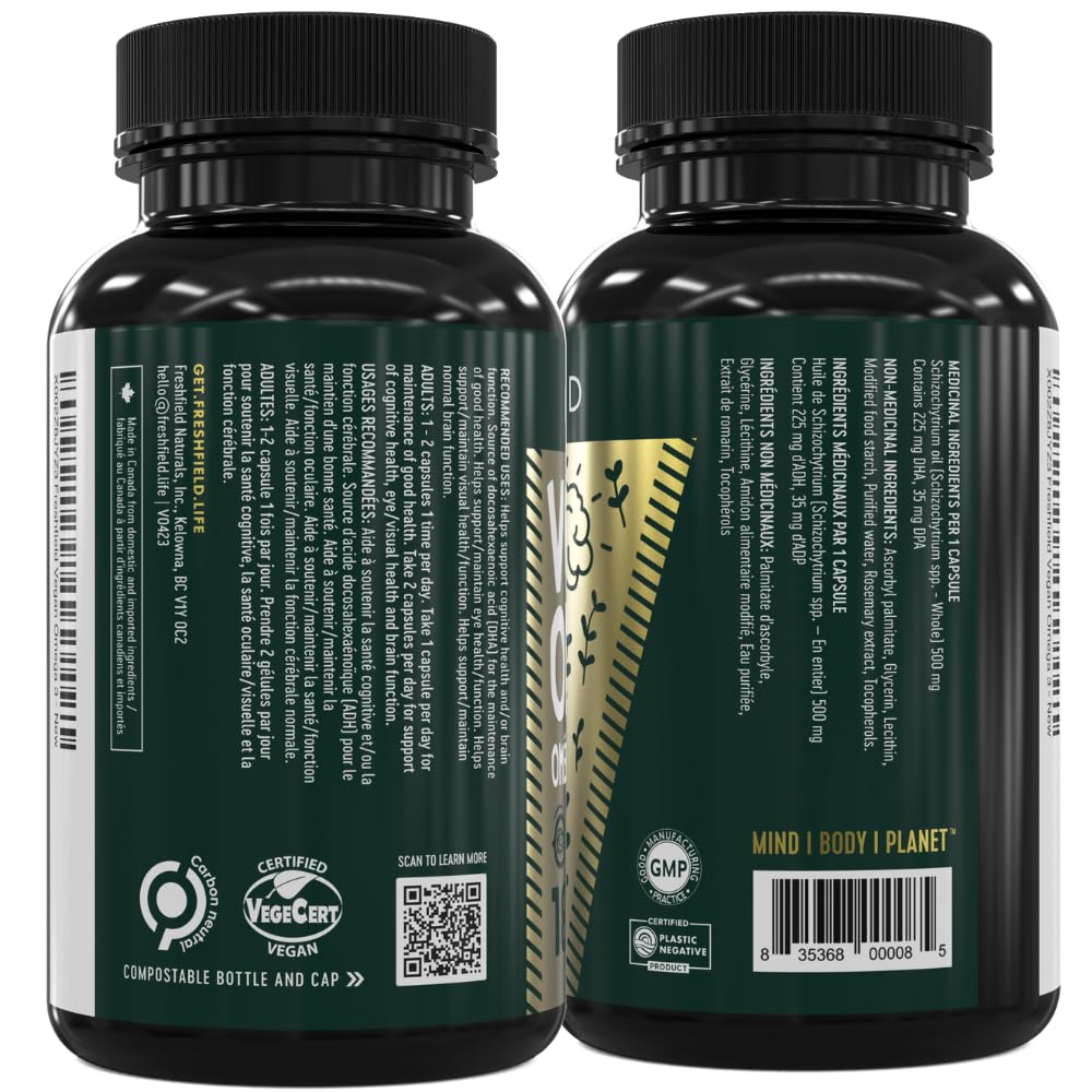 Freshfield Vegan Omega 3 DHA: Algae Oil, Most Reviewed, Carrageenan Free, Sustainably Sourced, Tested, No Heavy Metals, Fish Oil Alt, Plant Based Omega. Supports Heart, Brain, Joint Health w/DPA Nirvana Guru