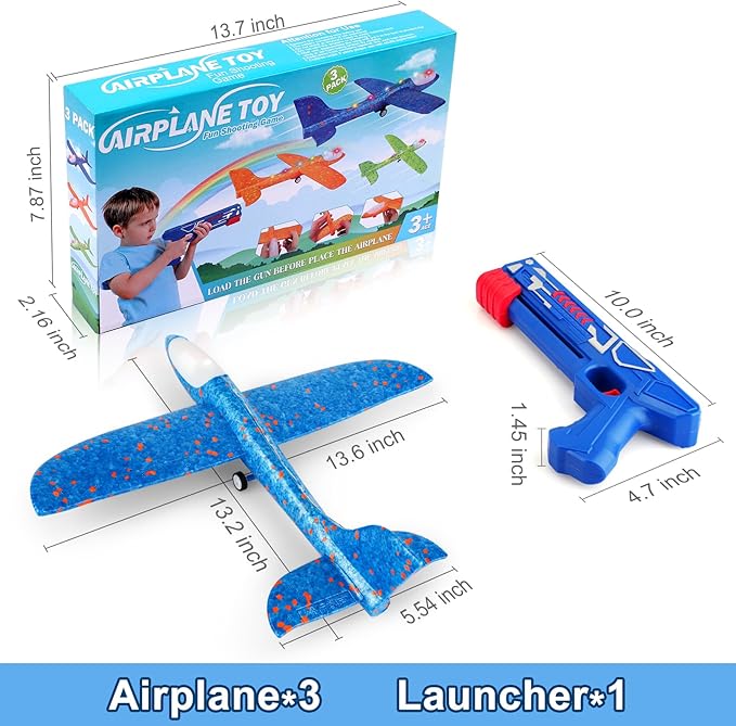 Fuwidvia 3 Pack Airplane Launcher Toys, 13.2'' LED Foam Glider Plane Toy for Boys, 2 Flight Modes Outdoor Flying Toys Birthday Gifts for Boys Girls 4 5 6 7 8 9 10 11 12 Year Old (Blue&Green&Orange) nirvanaguru
