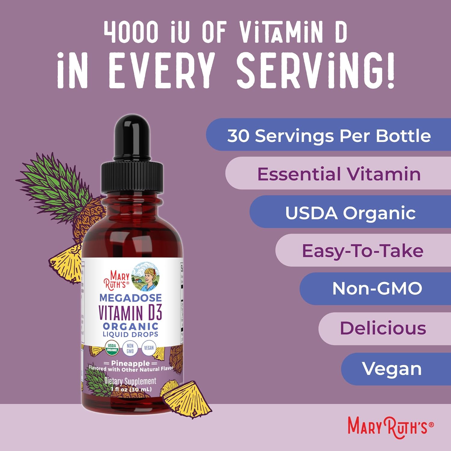 MaryRuth Organics Vitamin D3 Liquid Drops | Megadose 4000 IU | USDA Organic Liquid Vitamin D Spray for Adults & Kids | Immune Support & Bone Health | Vegan | Gluten Free | Non-GMO | 30 Servings - Nirvana Guru