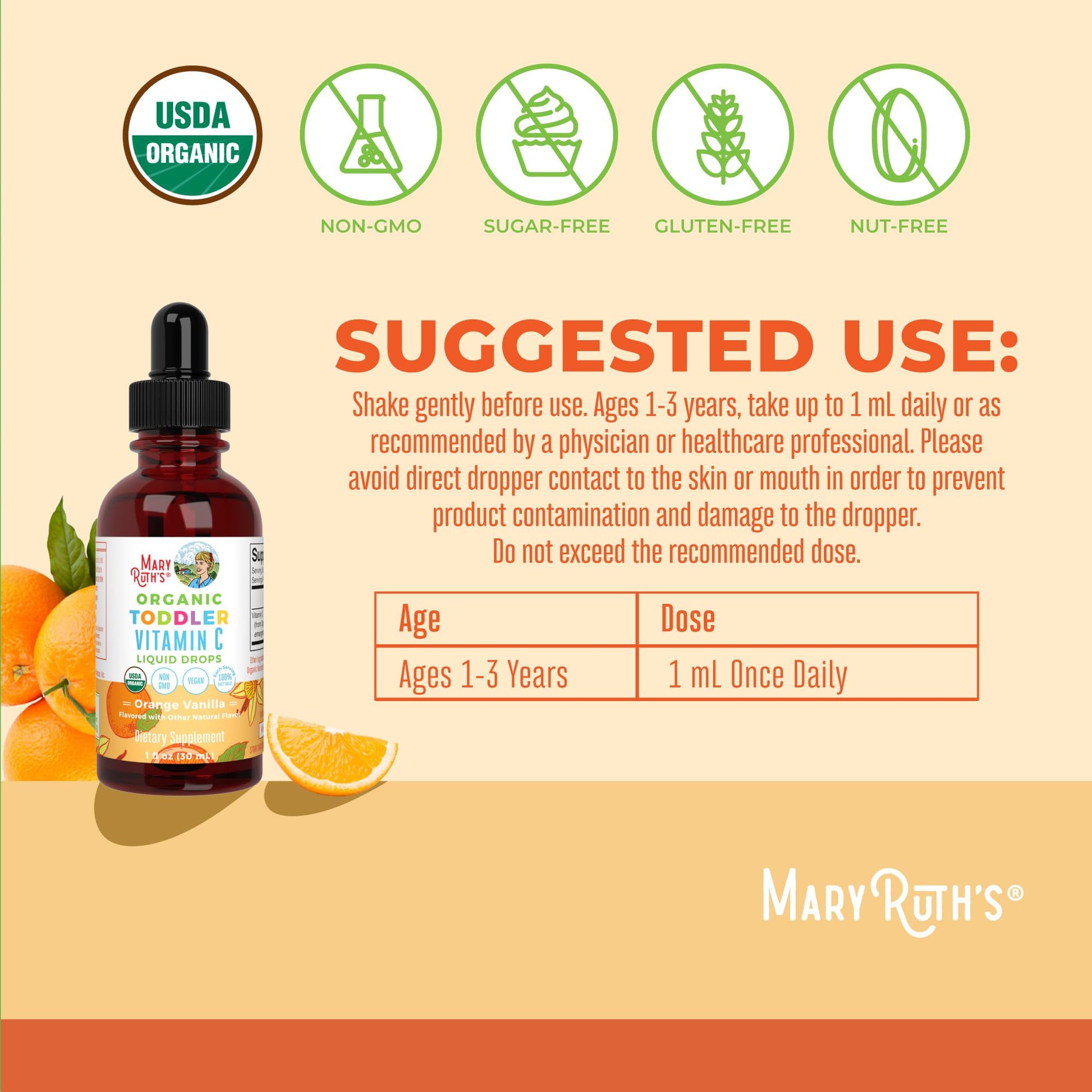 MaryRuth Organics Toddler Vitamin C Drops | USDA Organic Vitamin C Liquid Drops for Toddler | Ages 1-3 Years | Vitamin for Immune Support & Overall Health | Vegan | Non-GMO | Gluten Free | 30 Servings - Nirvana Guru