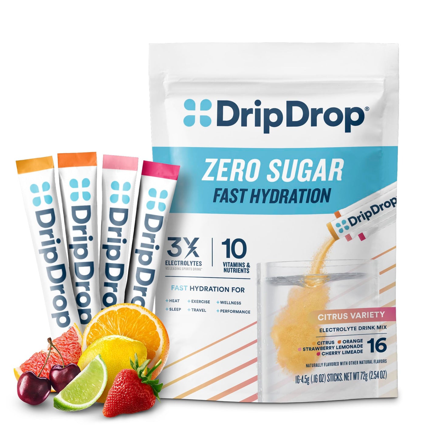 DripDrop Sugar Free Hydration Packets - Zero Classic Variety Pack - Single Serve Electrolytes Powder Drink Mix - Lemon Lime, Watermelon, Peach, Passion Fruit - Non-GMO, Gluten Free, Vegan - 32 Sticks