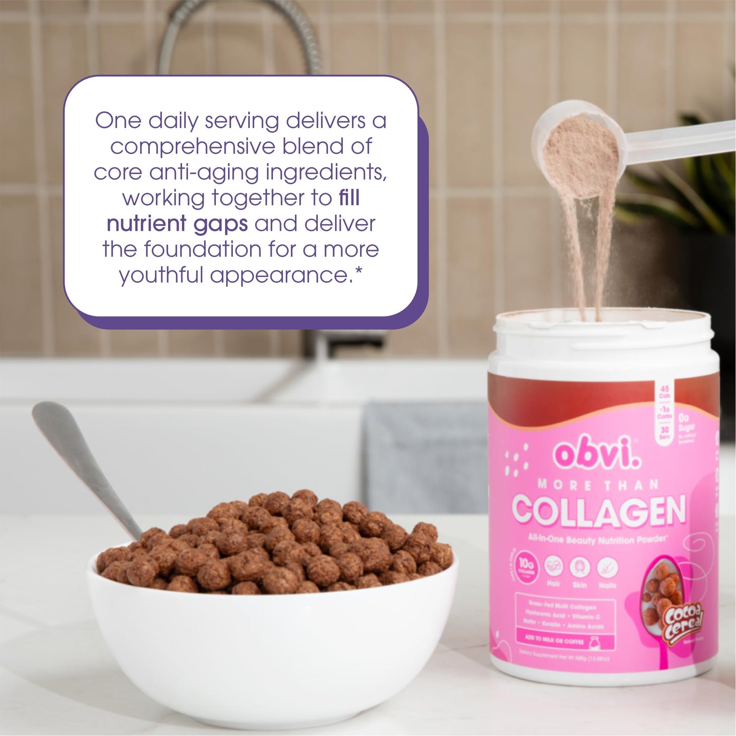 Obvi More Than Collagen Powder | Supports Healthy Hair, Skin, Nails, Joints, Gut | Grass-Fed Multi Collagen Supplement with Hyaluronic Acid, Biotin, Keratin | Cocoa Cereal, 30 Servings - Nirvana Guru