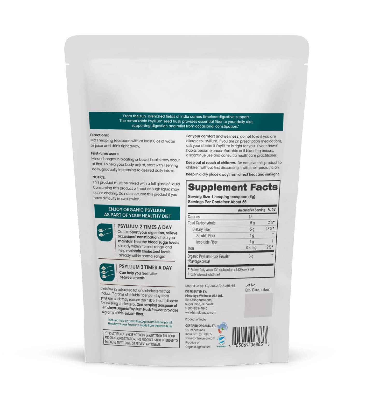 Himalaya Organic Psyllium Whole Husk, Natural Daily Fiber Supplement, Regularity, Appetite Management, USDA Certified Organic, Non-GMO, 56-Tablespoon Supply, Unflavored, 12 Oz - Nirvana Guru