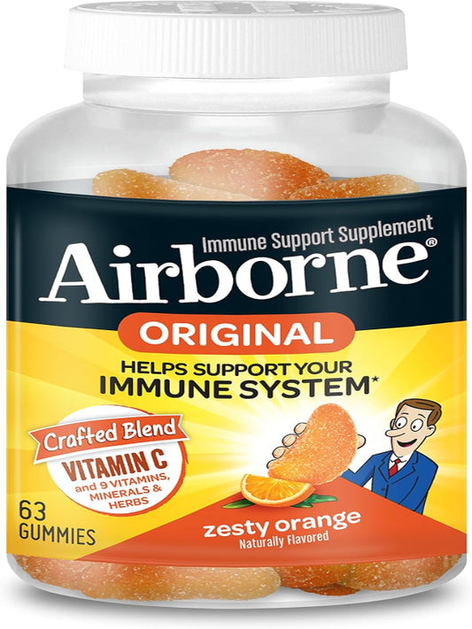 Airborne Vitamin C 750mg (per Serving) Zesty Orange Flavored Gummies (63 Count in a Bottle), Gluten-Free Immune Support Supplement with Vitamins A C E, Selenium, Echinacea & Ginger Nirvana Guru