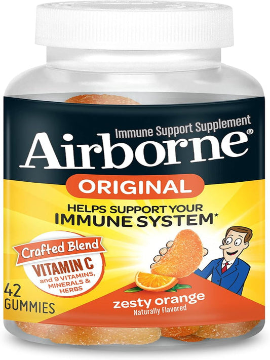 Airborne Vitamin C 750mg (per Serving) Zesty Orange Flavored Gummies (42 Count in a Bottle), Gluten-Free Immune Support Supplement with Vitamins A C E, Selenium, Echinacea, Ginger, Antioxidant Nirvana Guru