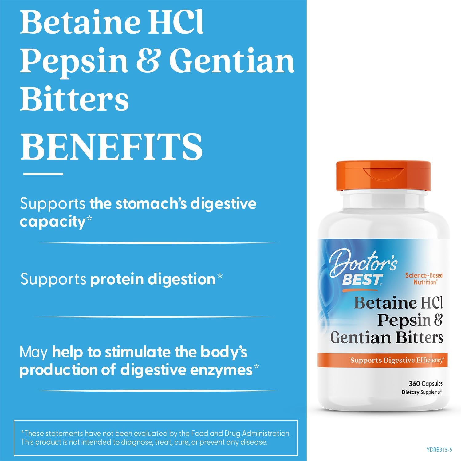 Doctor's Best Betaine HCI Pepsin & Gentian Bitters, Digestive Enzymes for Protein Breakdown & Absorption, Non-GMO, Gluten Free, 360 Count (Pack of 1) - Nirvana Guru