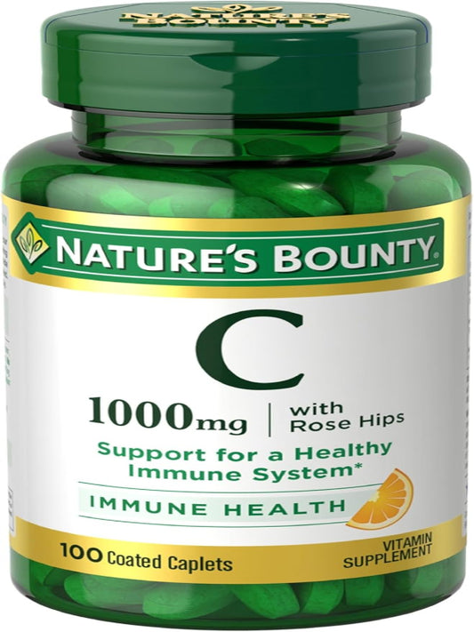 Nature's Bounty Vitamin C + Rose HIPS, Immune Support, 1000mg, Coated Caplets, 100 Ct Nirvana Guru