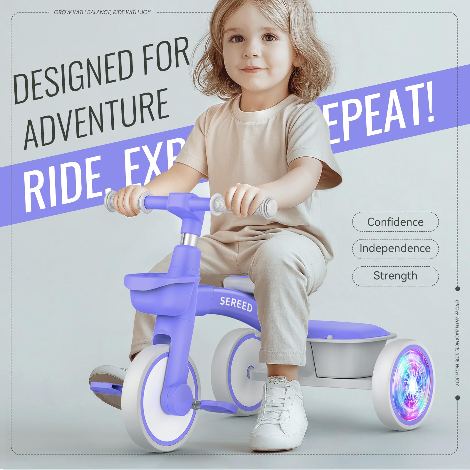 SEREED Colorful Lighting Toddler Tricycle for 2-5 Years Old Girls, Adjustable Seat&Handlebar Trike, Removable Basket, Birthday Gift Idea for Kids Ages 2+ (Pink) Nirvana Guru