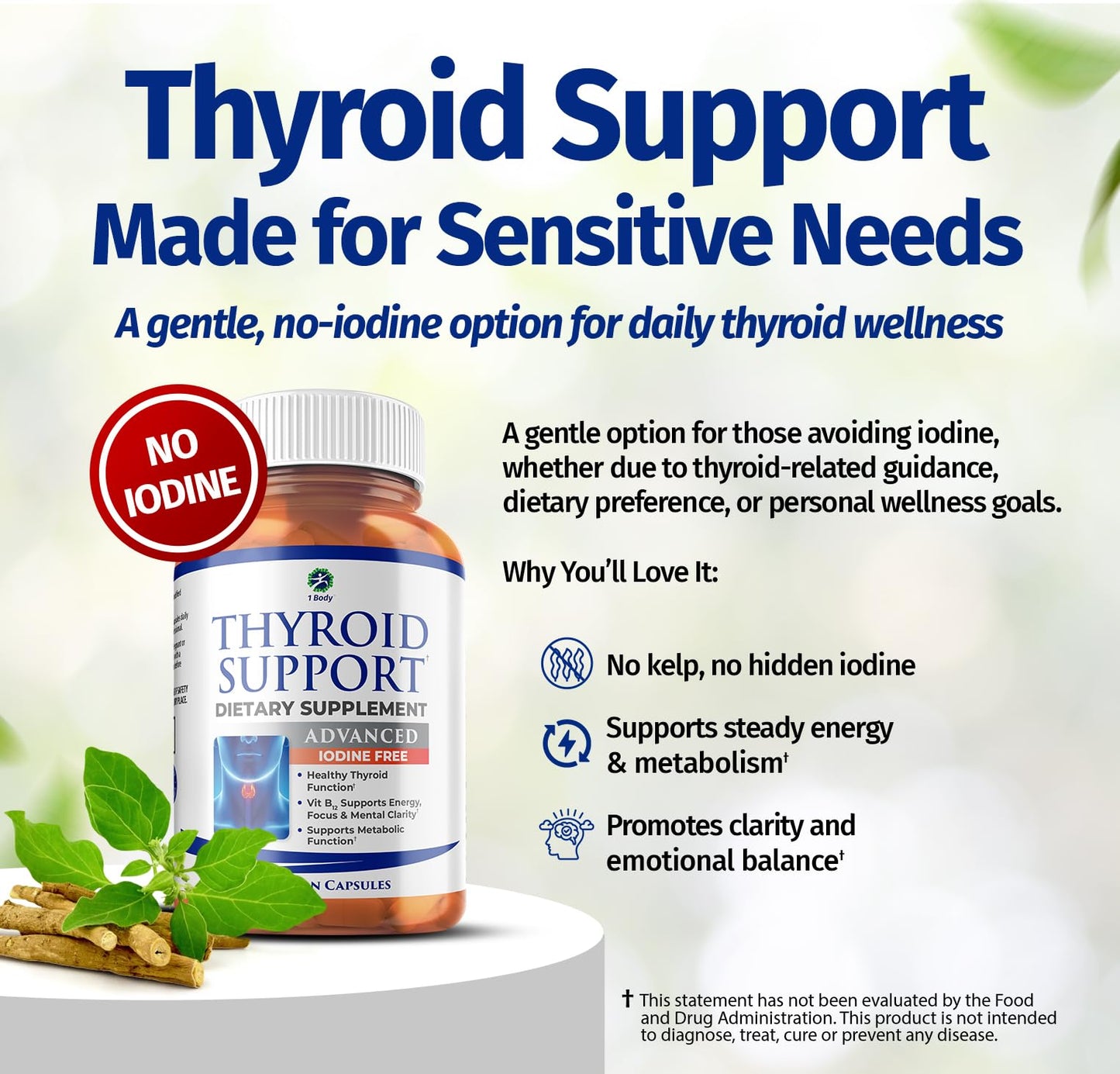 1 Body Thyroid Support Supplement with Iodine, B12, Zinc, Selenium, Ashwagandha, Non-GMO, Vegetarian, 30 Day Supply Nirvana Guru