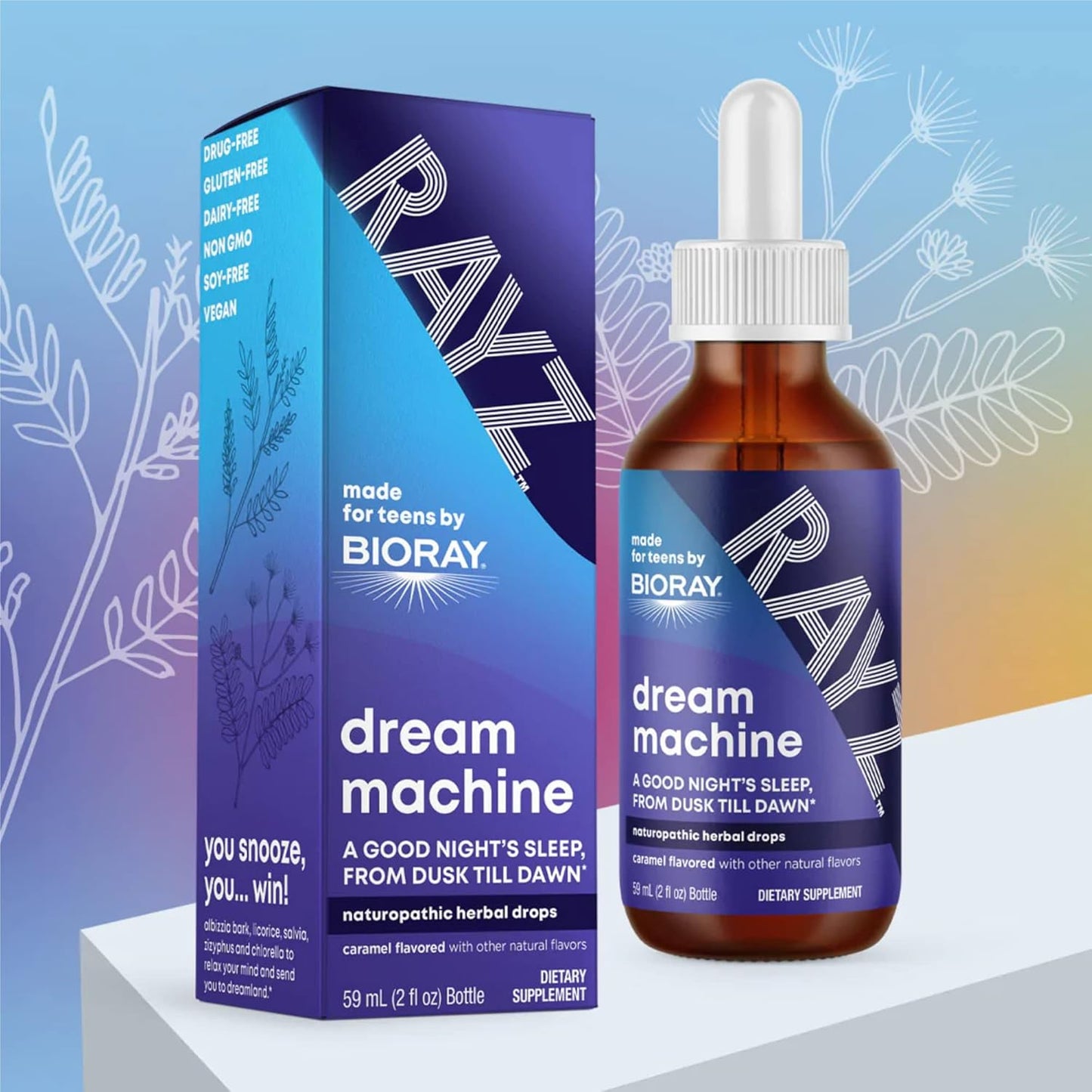 BIORAY RAYZ Dream Machine, Caramel Flavor - 2 fl oz - Relaxation Support for Teens 12-18 Years Old Nirvana Guru