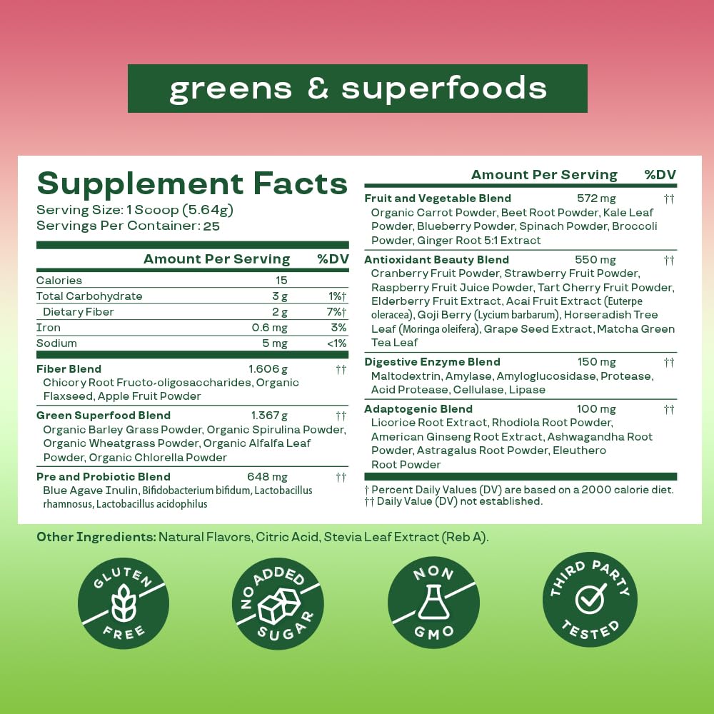 Bloom Nutrition Greens and Superfoods Powder for Digestive Health, Greens Powder, Digestive Enzymes, Probiotics, Spirulina, Chlorella for Bloating & Gut Support, Green Juice, 30 SVG, Strawberry Kiwi