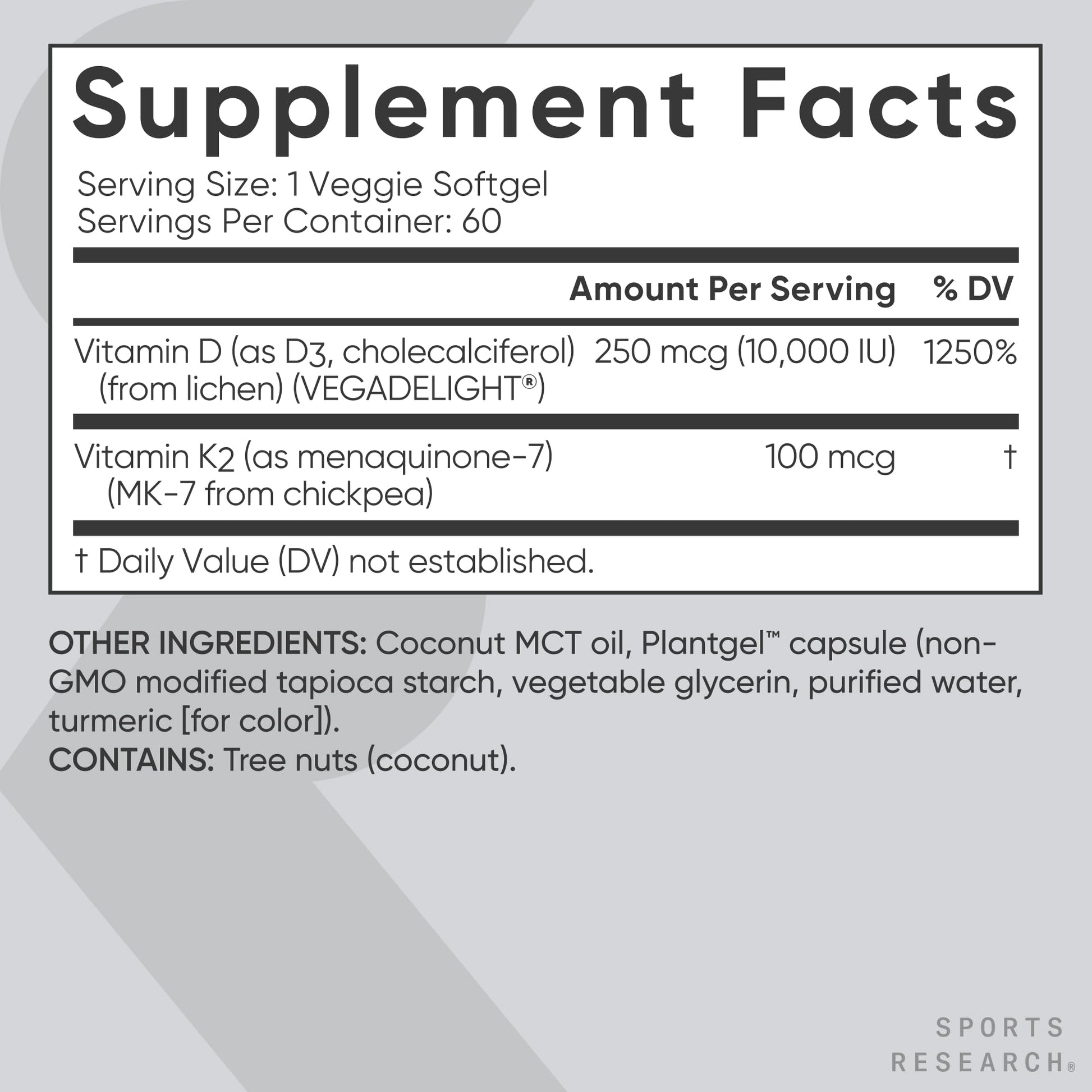 Sports Research® Vitamin D3 + K2 with Coconut MCT Oil | Vegan D3 2500iu (62.5mcg) & Plant Based Vitamin K2 100mcg | Vegan Certified, Soy & Gluten Free - 60 Softgels - Nirvana Guru