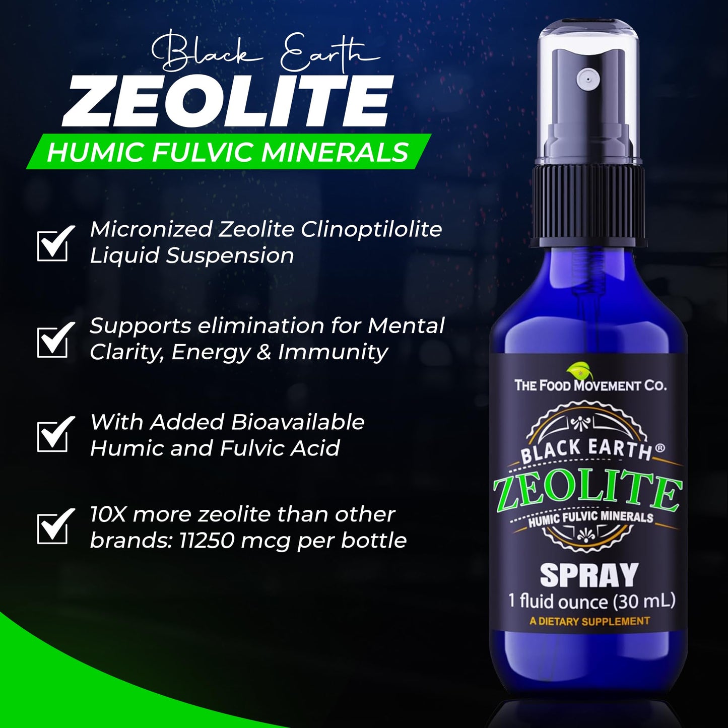 Black Earth Zeolite with Humic Fulvic Acids, Trace Minerals, for Adults and Kids Supports Gut Health, Immune Support, Digestion and Elimination and More 1oz Liquid Pump Spray Supplement Nirvana Guru