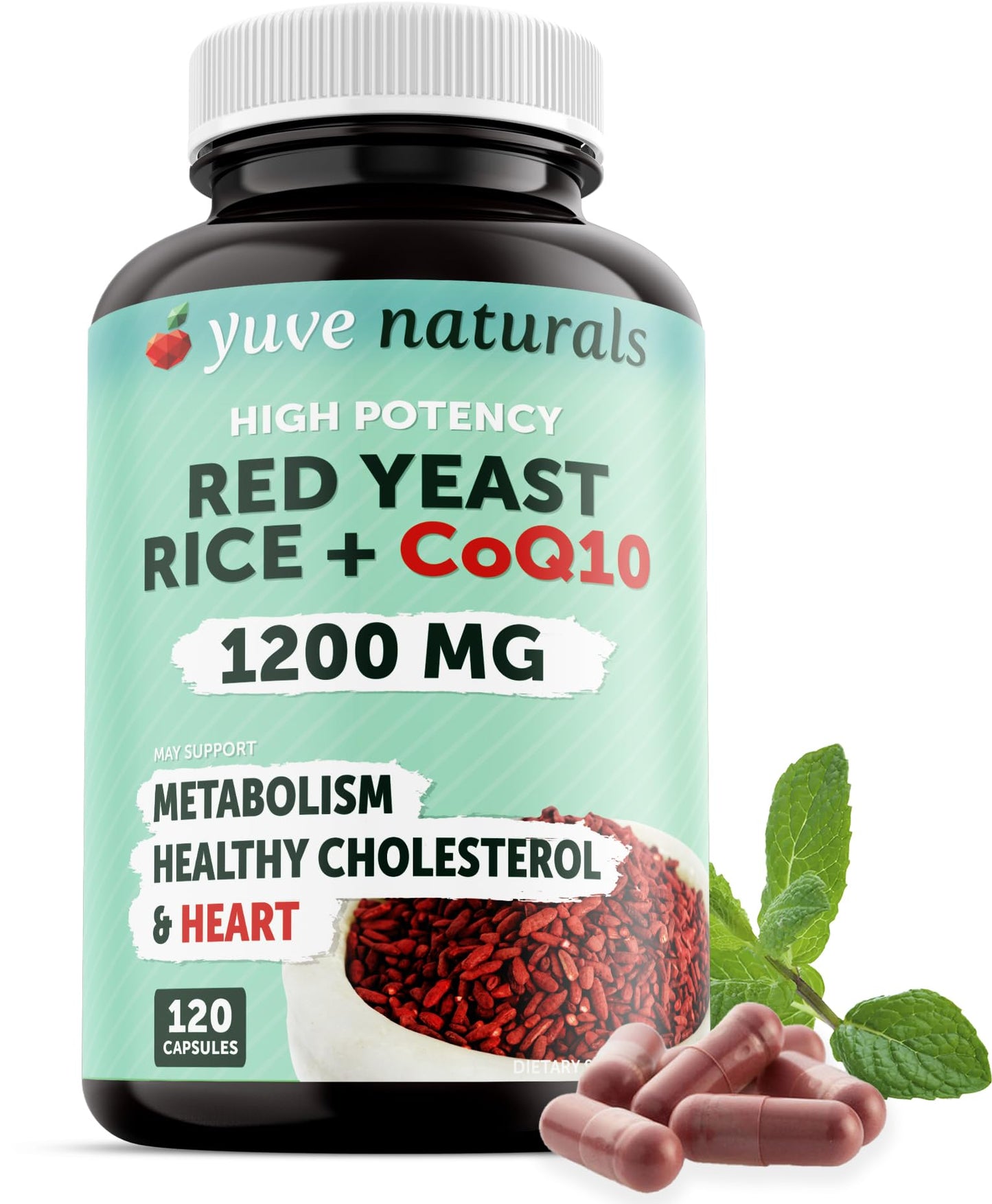 100% Natural Red Yeast Rice 1200 mg with CoQ10 100 mg, 2 in 1, Maintain Healthy Cholesterol Levels - 120 Veggie Capsules - Nirvana Guru