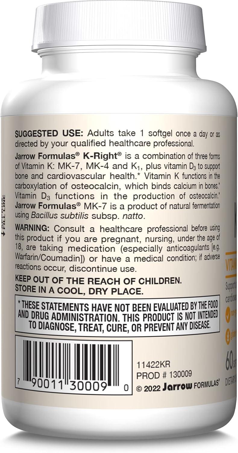 Jarrow Formulas K-Right - Vitamin K-Complex (K1, MK-4, MK-7, D3) - 60 Servings (Softgels) - Dietary Supplement for Bone & Cardiovascular Health Support - Vitamin K2 MK-7 - Gluten Free Nirvana Guru