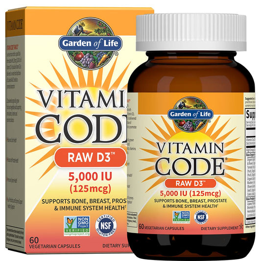 Garden of Life Vitamin D, Vitamin Code Raw D3, Vitamin D 5,000 IU, Raw Whole Food Supplements with Chlorella, Fruit, Veggies & Probiotics for Bone & Immune Health, 60 Vegetarian Capsules - Nirvana Guru