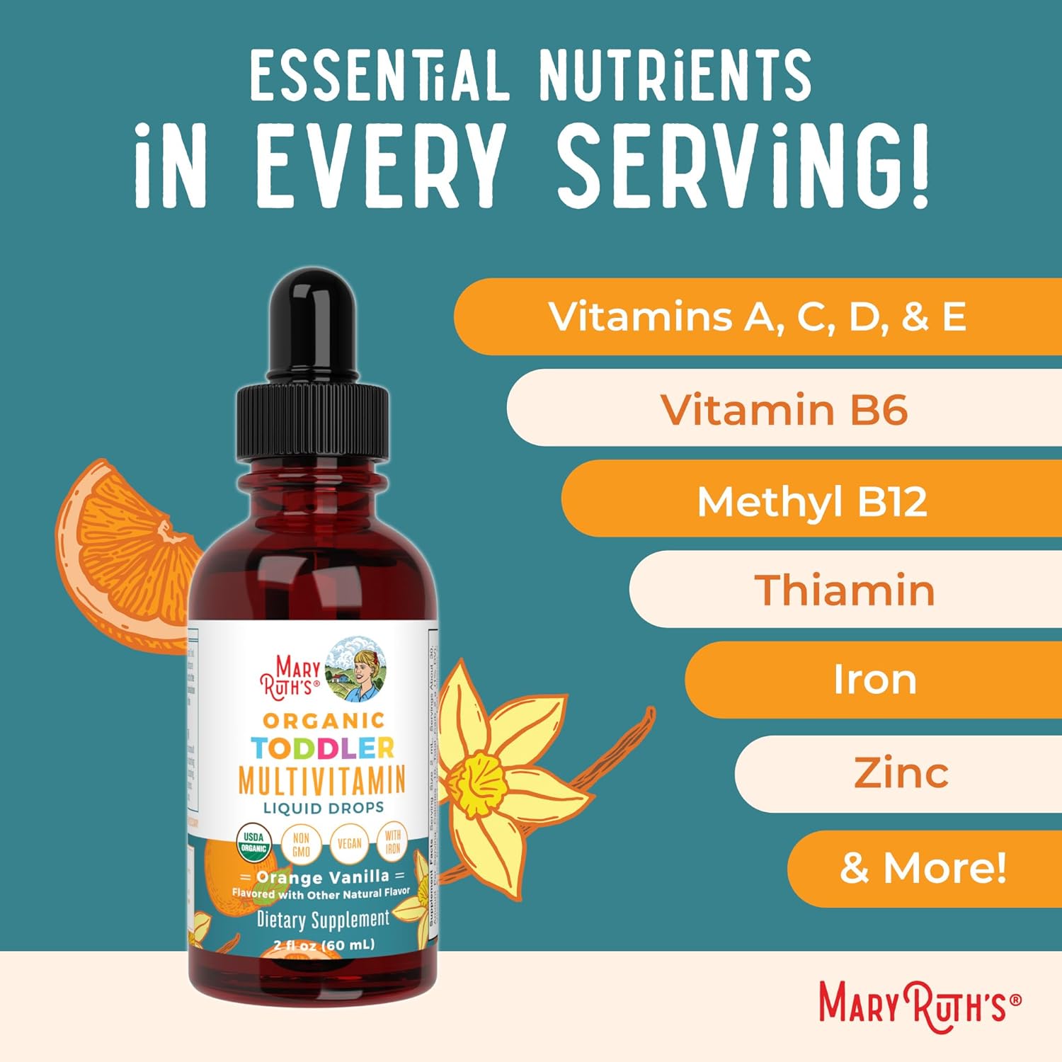 MaryRuth Organics Multivitamin & Multimineral with Iron for Toddlers | USDA Organic | Sugar Free | Multivitamin Liquid Drops for Kids Ages 1-3 | Immune Support | Vegan | Non-GMO | 2 Fl Oz - Nirvana Guru