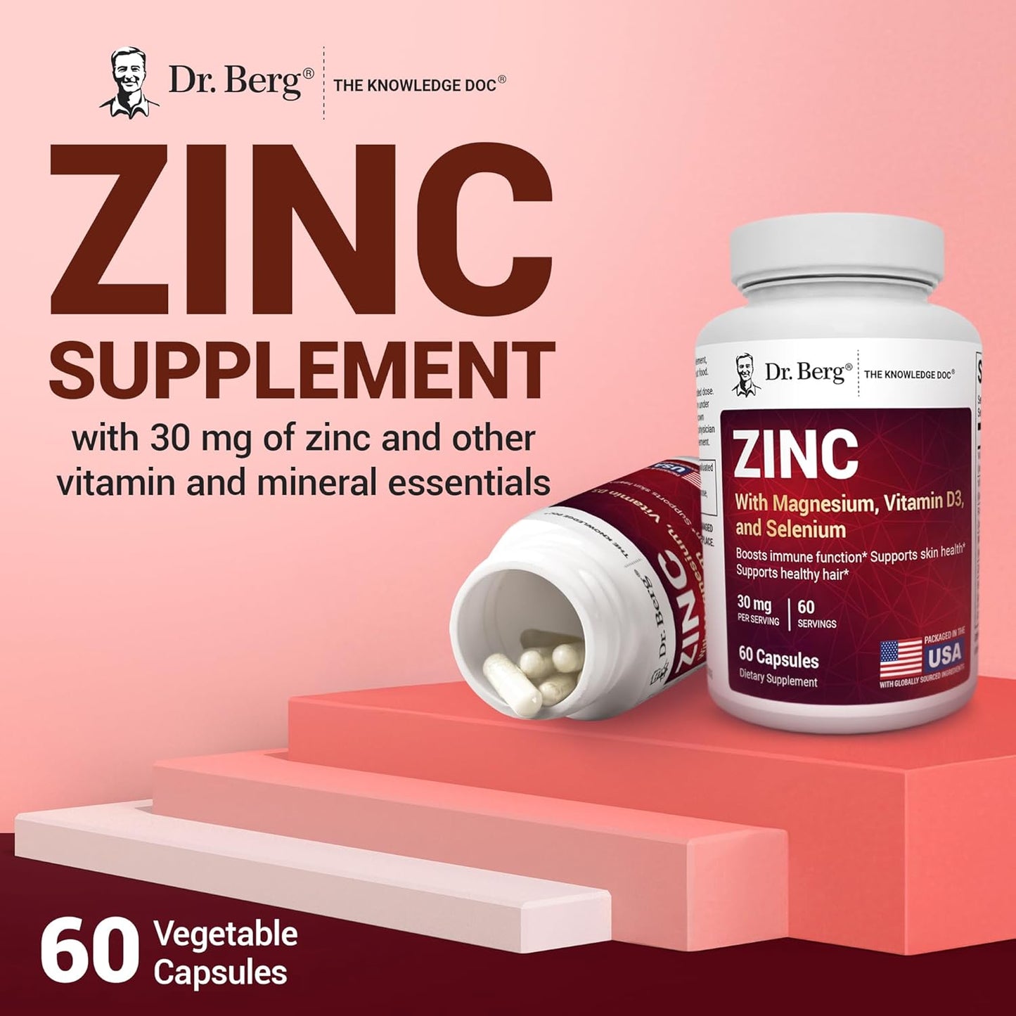 Dr. Berg Zinc 30mg Enhanced with Magnesium, Vitamin D3, Selenium, & Copper - Zinc Supplements for Men & Women - Chelated Zinc for Immune, Skin, Hair, & Nails Support* - 60 Capsules - Nirvana Guru