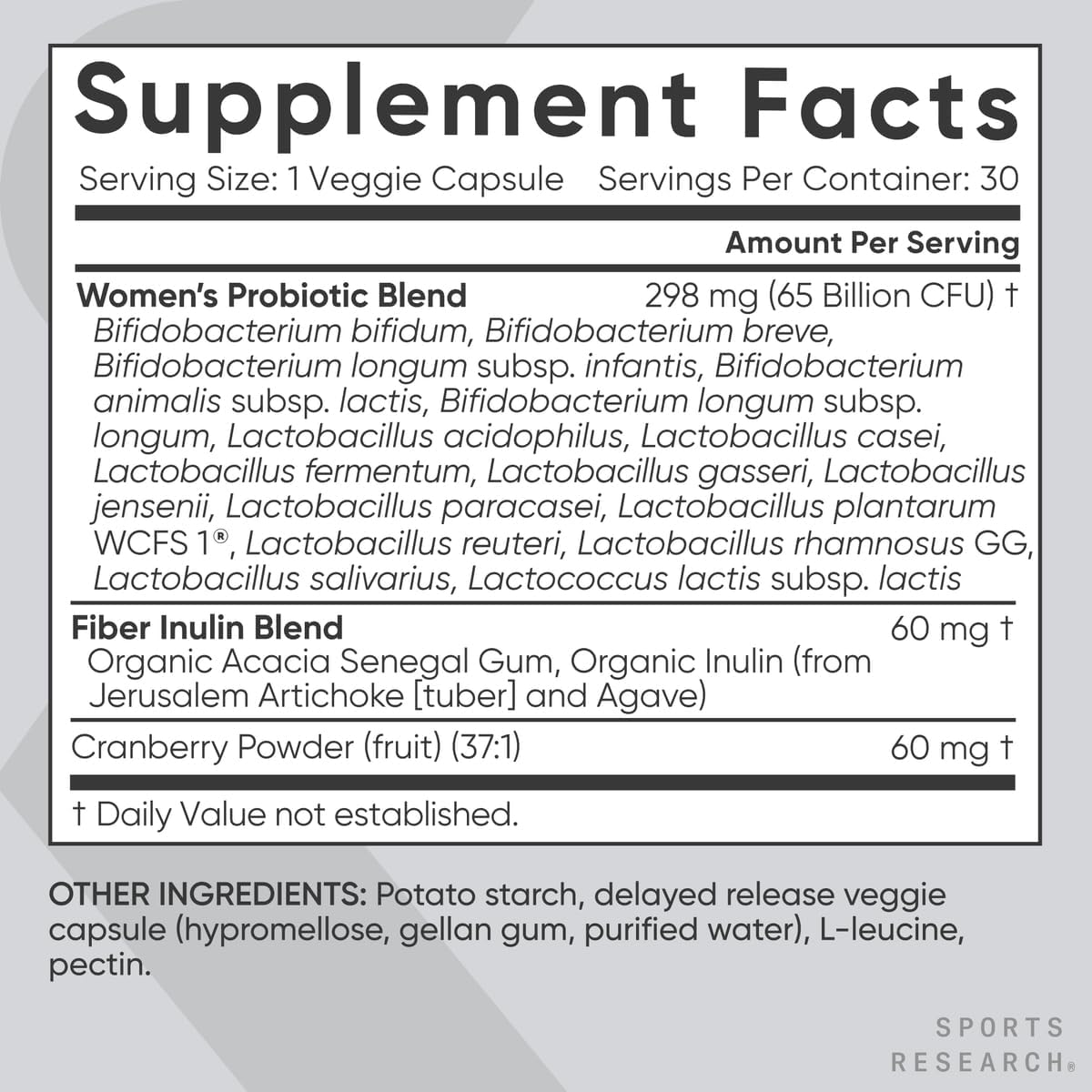 Sports Research Probiotics with Prebiotics & Cranberry | Women's Probiotic Blend with 65 Billion CFU at Expiration | Gluten Free, Non-GMO Verified & Vegan Certified (30 Count) - Nirvana Guru