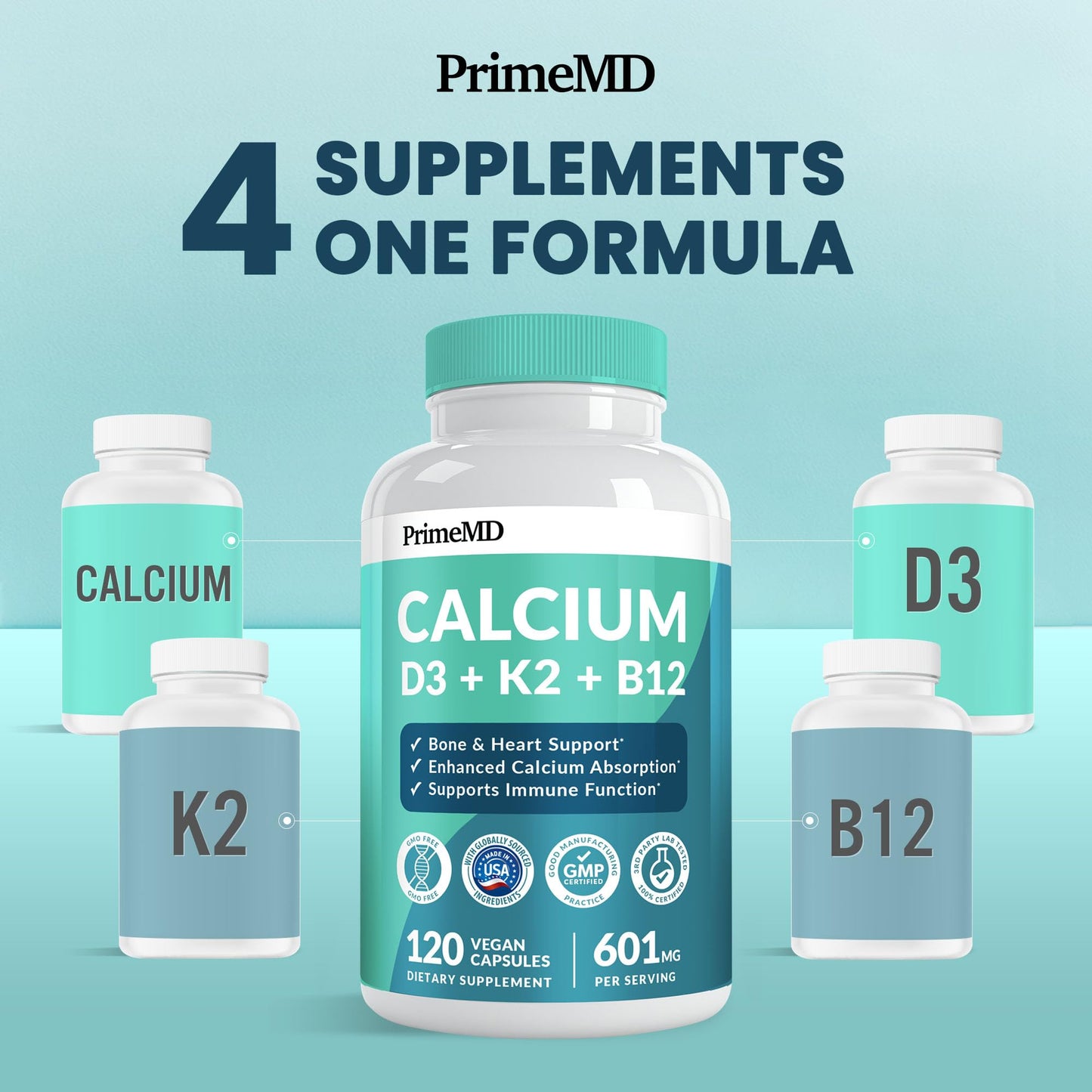 4-in-1 Calcium 1200mg with Vitamin D3 - Calcium Supplement for Women and Men with Vitamin K2 B12 5000 IU - Extra Strength Calcium Citrate for Bone and Heart Support (120ct) Nirvana Guru