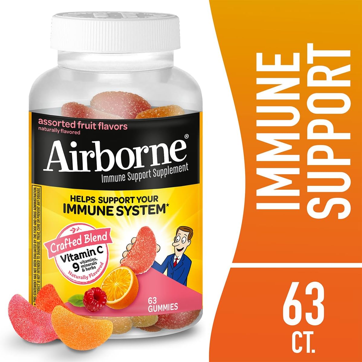 Airborne 750mg Vitamin C Immune Support Supplement Gummies for Adults, Assorted Fruit Flavor, Gluten Free Crafted Blend with Powerful Antioxidants Vitamins A C & E, 63 Gummies (3 Pack) Nirvana Guru