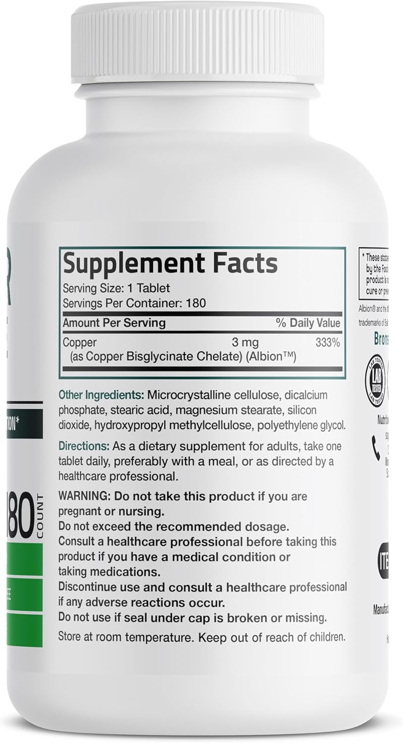 Bronson Copper Glycinate 3mg Chelated Superior Absorption Non-GMO, 180 Vegetarian Tablets Nirvana Guru