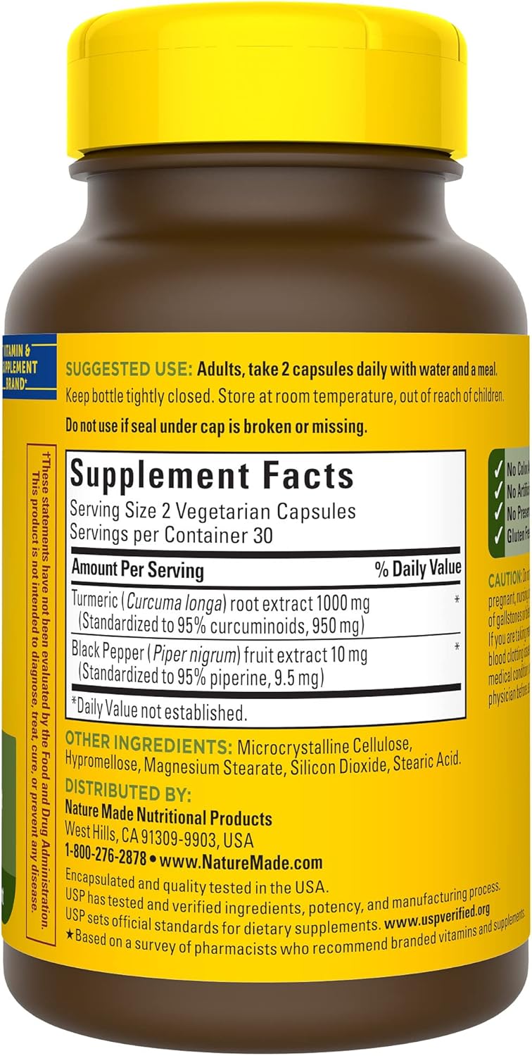 Nature Made Extra Strength Turmeric Curcumin with Black Pepper, 1000mg extract (950mg Curcuminoids) per serving, Supports Healthy Inflammation Response, 60 Vegetarian Capsules, 30 Day Supply - Nirvana Guru
