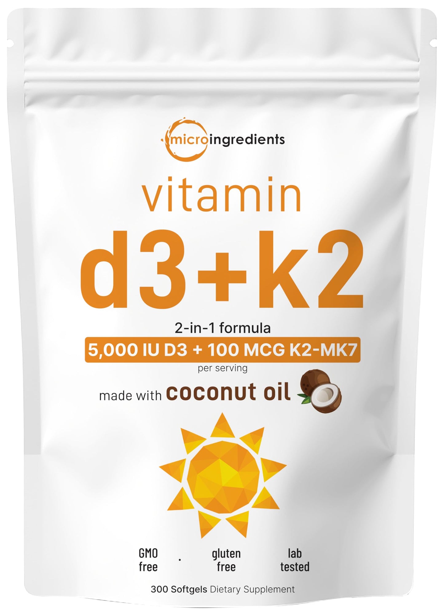 Micro Ingredients Vitamin D3 10,000 IU + K2 MK-7 200 mcg, 300 Softgels | Virgin Coconut Oil | 2-in-1 Bone, Immune & Heart Support | Easy to Swallow, Non-GMO