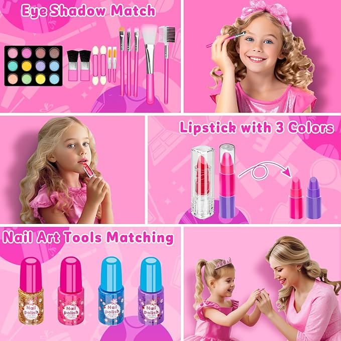 Hollyhi 58 Pcs Kids Makeup Kit for Girl, Princess Toys Real Washable Cosmetic Set with Mirror, Kids Makeup Sets for Girls, Play Make Up Birthday Gifts for 3 4 5 6 7 8 9 10 11 12 Years Old Kid (Rose) nirvanaguru